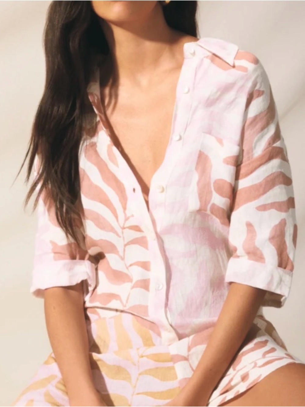 Vitamin A Pink & Beige Printed Linen Button-Front Jumpsuit